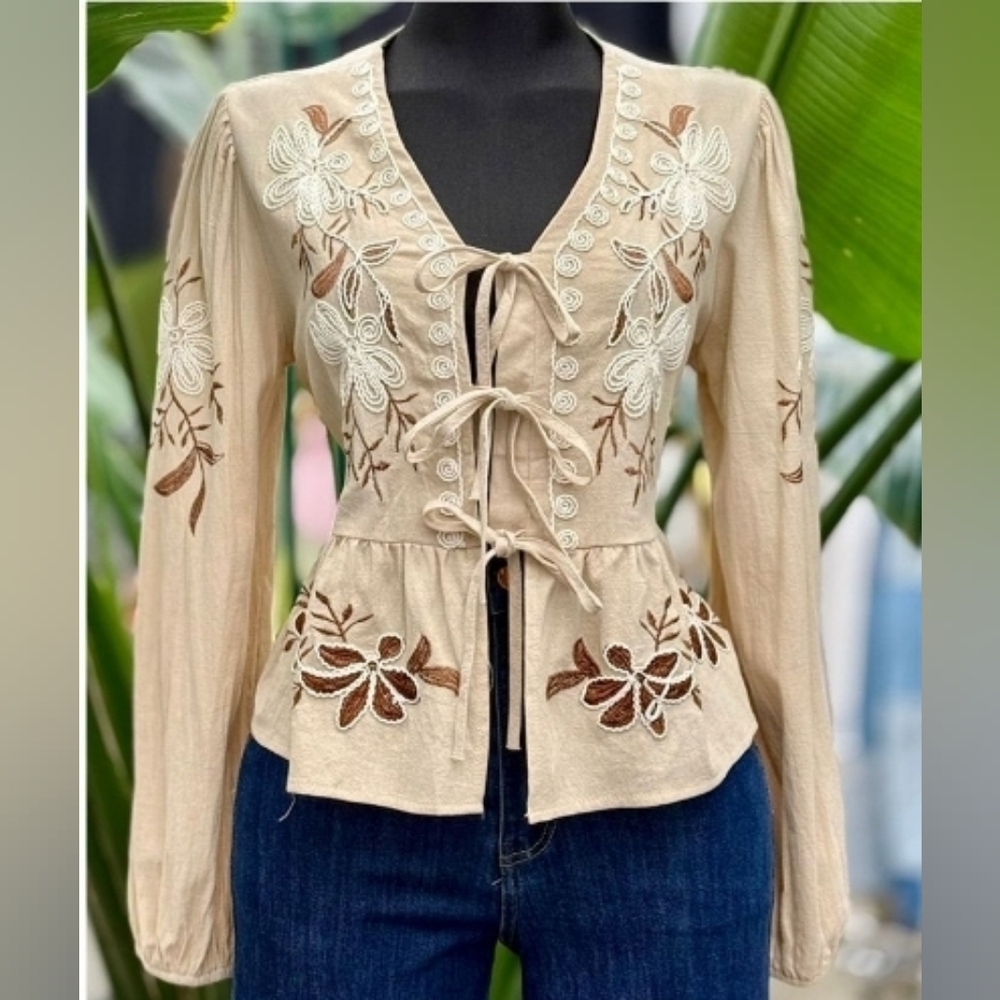 Chic Beige Embroidered Women's Blouse